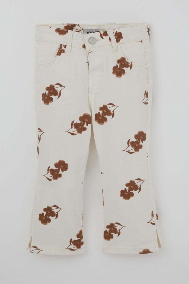 Girl's Jean Trousers with Floral Pattern and Slits on the Legs, 1.5-5 Years Old, Ecru