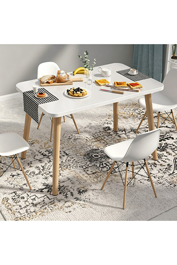 طاولة طعام مستطيلة بسطح أبيض وأرجل خشبية طبيعية - 100×60×73 سم
