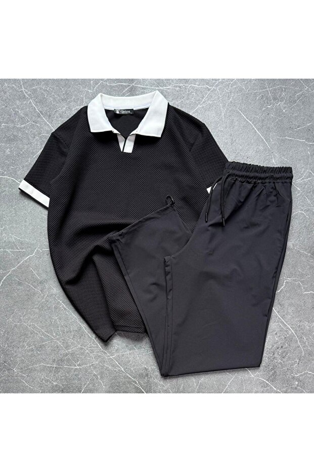 Men's Polo Collar Honeycomb Patterned T-Shirt and Comfortable Fit Lace-Up Trousers Set Black-Black