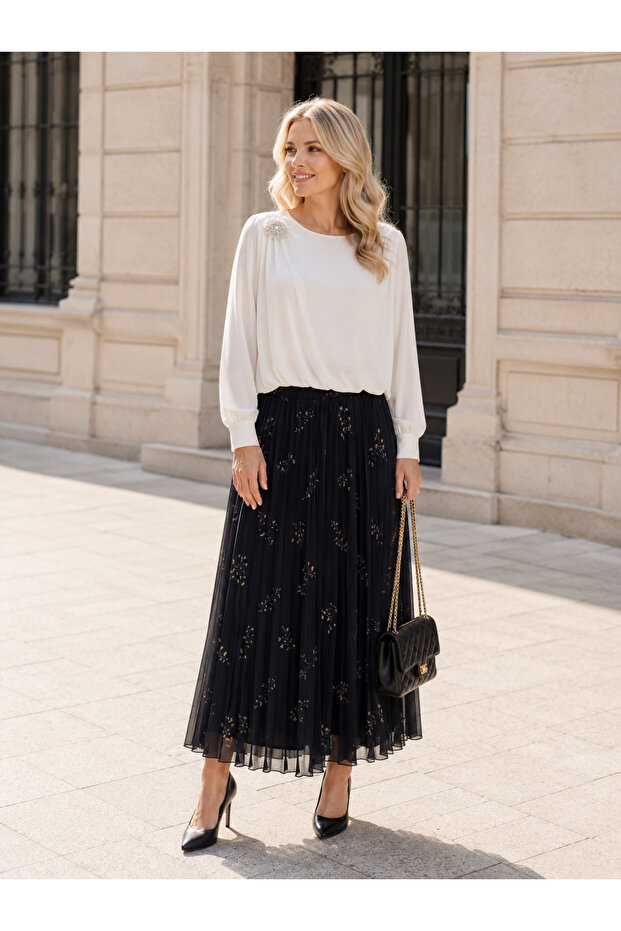 Elastic Waist Floral Patterned Lined Pleated Chiffon Skirt
