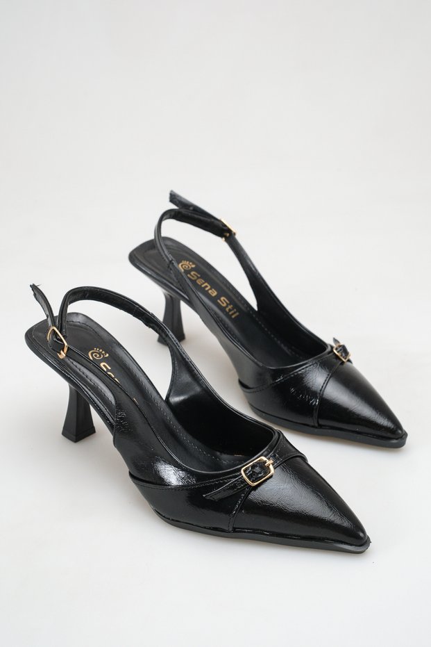 01 Slingback with Open Back and Pointed Toe Buckle, 8 cm Thin Goblet Heel, Stylish Women's Evening Dress Shoes
