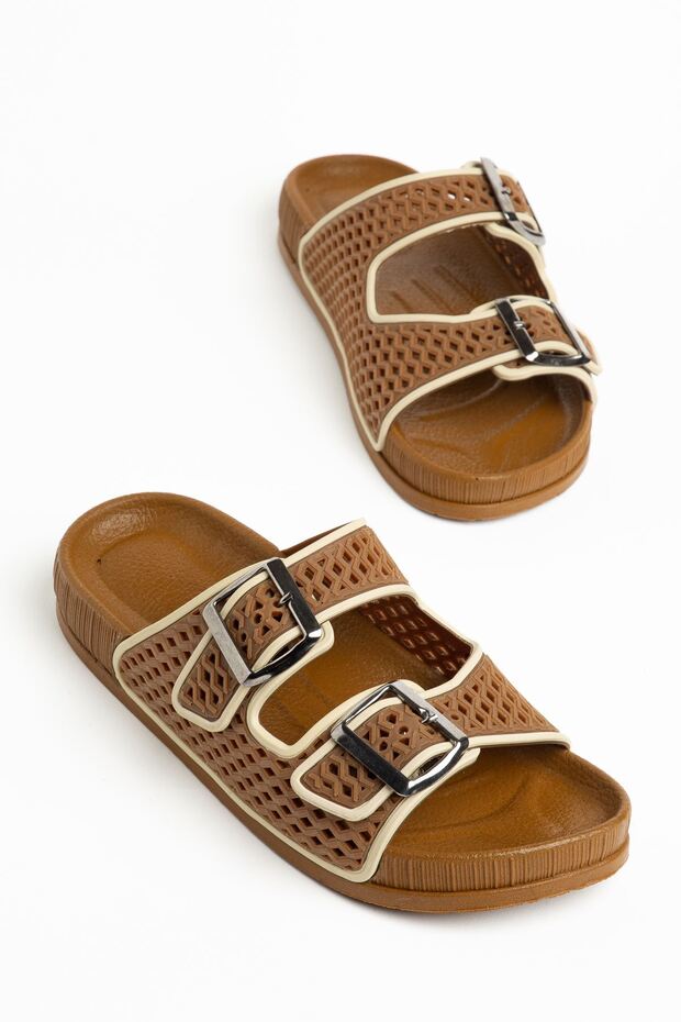 Betty Women's Tan-Beige Rubber Double Buckle Poly Sole Slippers