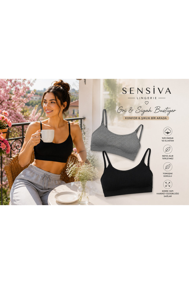 2-Piece Sports String Strap Ribbed Women's Removable Padded Bra 2-Pack - Black - Gray