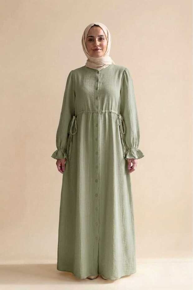 Olive Green Women's 100% Cotton Muslin Fabric Waist-Tied Drawstring Buttoned High Collar Long Hijab Dress Anti-Sweat Summer Dress