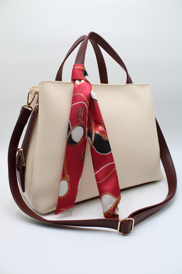 Women's Cream Burgundy Large Size Inner Pocket Double Handle Scarf Detailed Useful Cross Strap Hand and Shoulder Bag