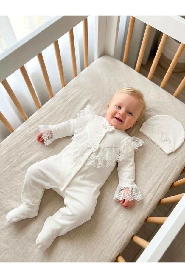 Baby Girl Mevlütlük Jumpsuit with Lace Hat, 100% Cotton, Hospital Release Newborn Tk2018
