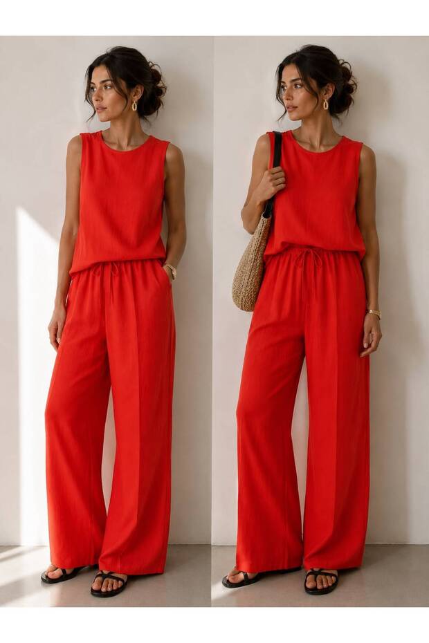 Women's Set Linen Pomegranate Flower Palazzo Pants Sleeveless Blouse