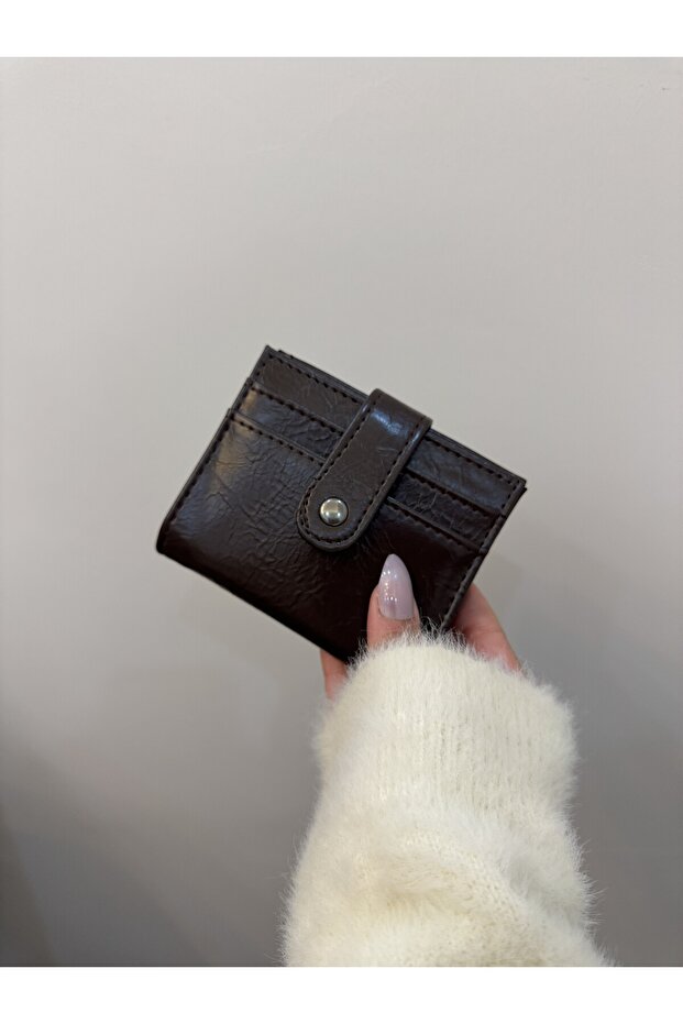 Women's Bitter Brown Multi-Compartment Snap Fastener Mini Leather Wallet and Card Holder 9cm X 12cm