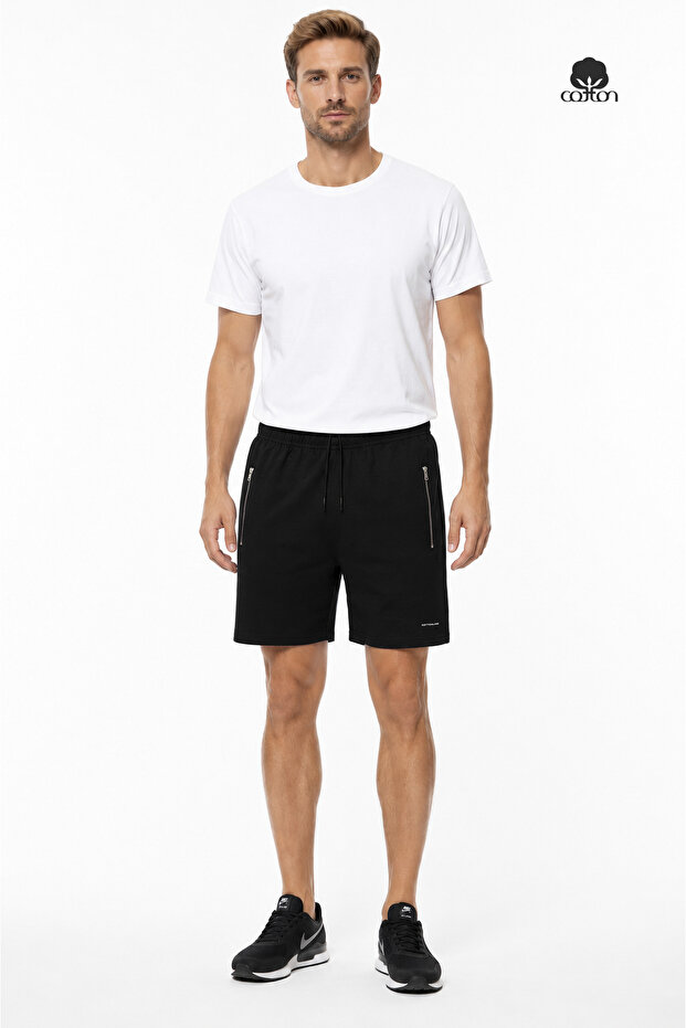 Men's Paros Slim Two Thread Regular Waist Zipper Pocket Classic Cotton Shorts with Back Pocket Black