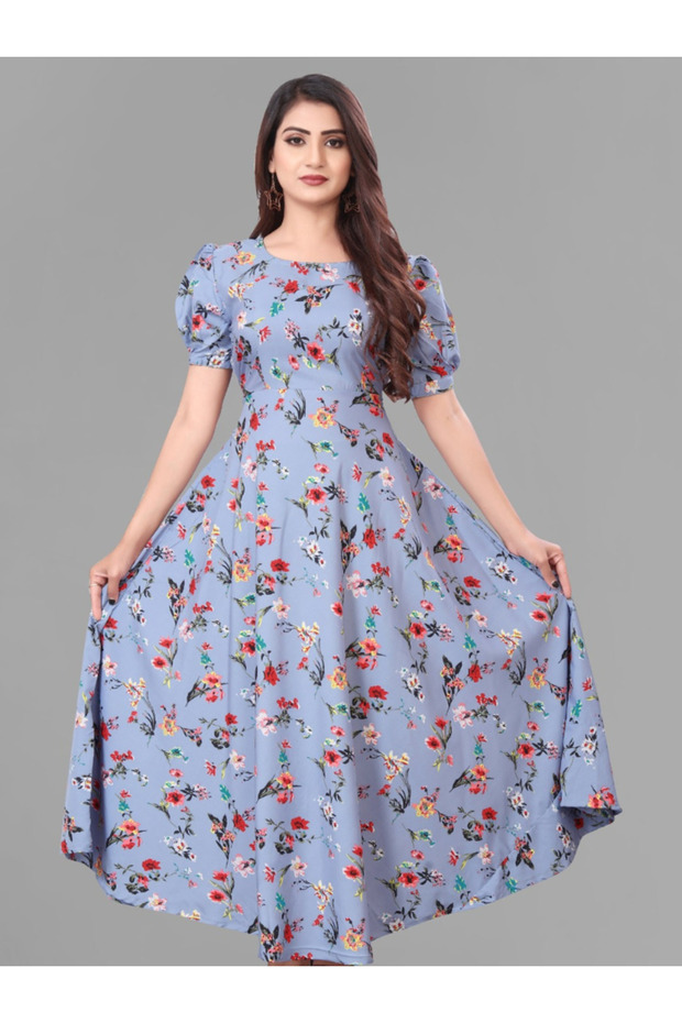 Light Blue Polycrepe Printed Gown - FFT8090 | Light Blue
