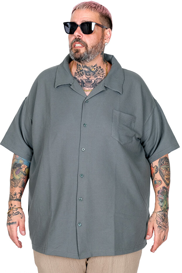 Mode XL Large Size Shirt with Lapel Collar and Short Sleeves U26385 Khaki