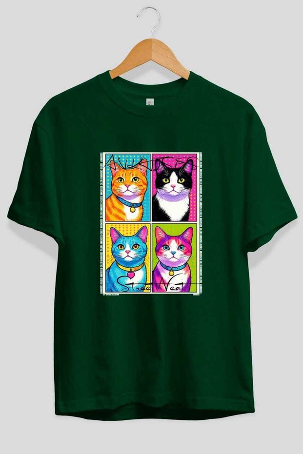 For the Sake of Cat 119 Front Cat Printed Green Oversize T-Shirt 100% Cotton Unisex Cat Lover Premium Design
