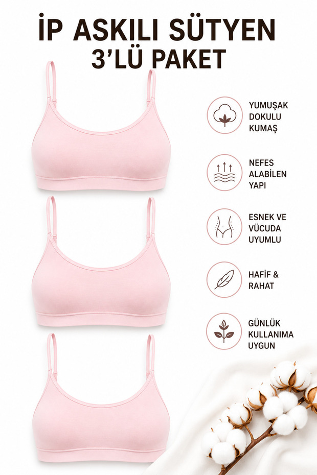 Women's Strap Padded Bra 3-Pack Cotton Flexible Comfortable Bralette Sports Bra