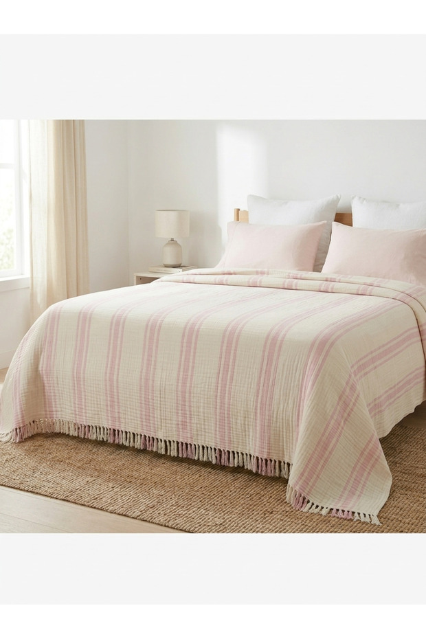 Pink Striped 4 Layer Muslin 100% Cotton Double Bedspread/Bed Throw 240X260 cm King Size