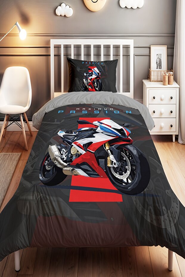 Motorcycle Patterned Single Baby Kids Bedding Set