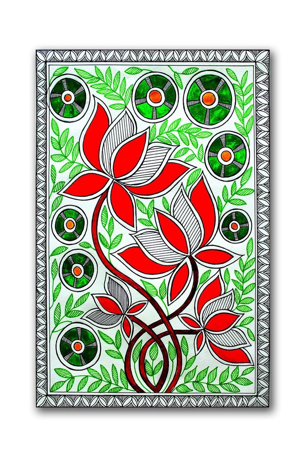 Alayra Gorgeous Flowers Madhubani Printed Canvas Paintings (Fabric, 8x12 inches, Multicolour) | |
