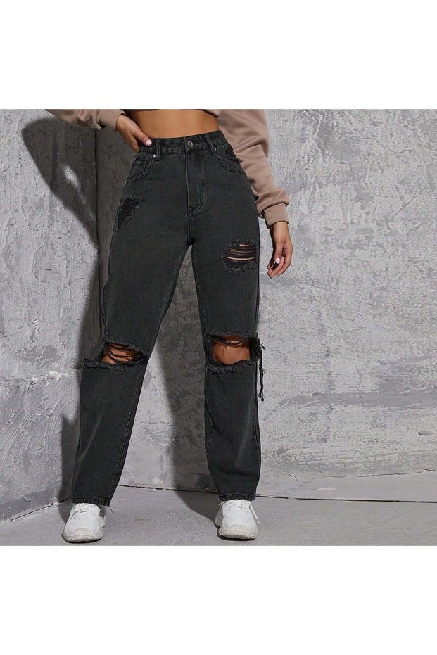 Women's Ripped Mom Jean Pants – High Waist Destroy Denim Pants