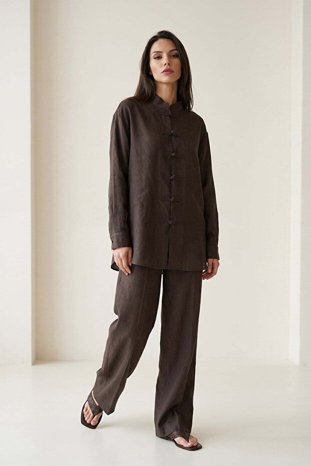 Bitter Brown 100% Linen Relaxed Fit Button Detailed Long Sleeve Shirt