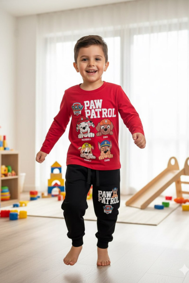 Boy's Paw Oil Printed Thin Tracksuit Set Red