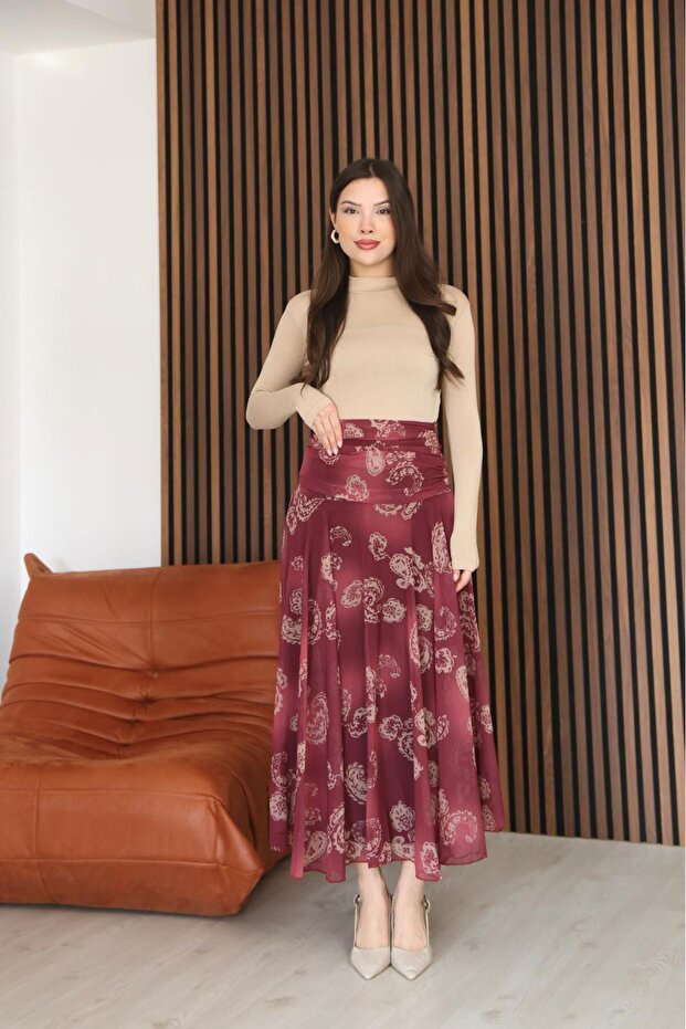 Luna Women's Patterned Chiffon Maxi Skirt – Lined Inside, High Waist and Draped Design