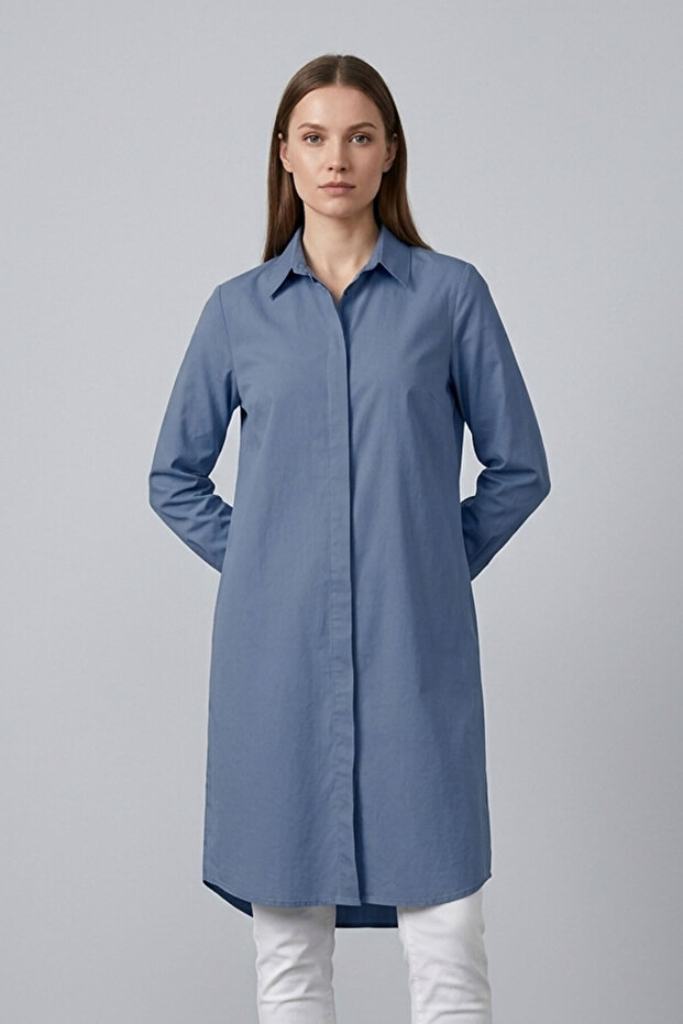 Graz Comfortable Fit Hidden Button Long Sleeve Terikoton Long Women's Shirt & Hijab Shirt - Indigo
