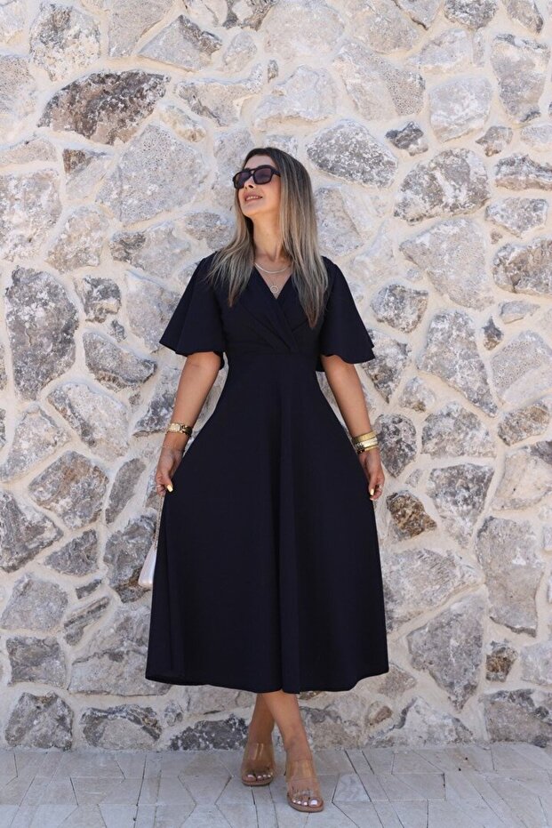 Navy Blue Long Flared Dress with Flounces on the Sleeves