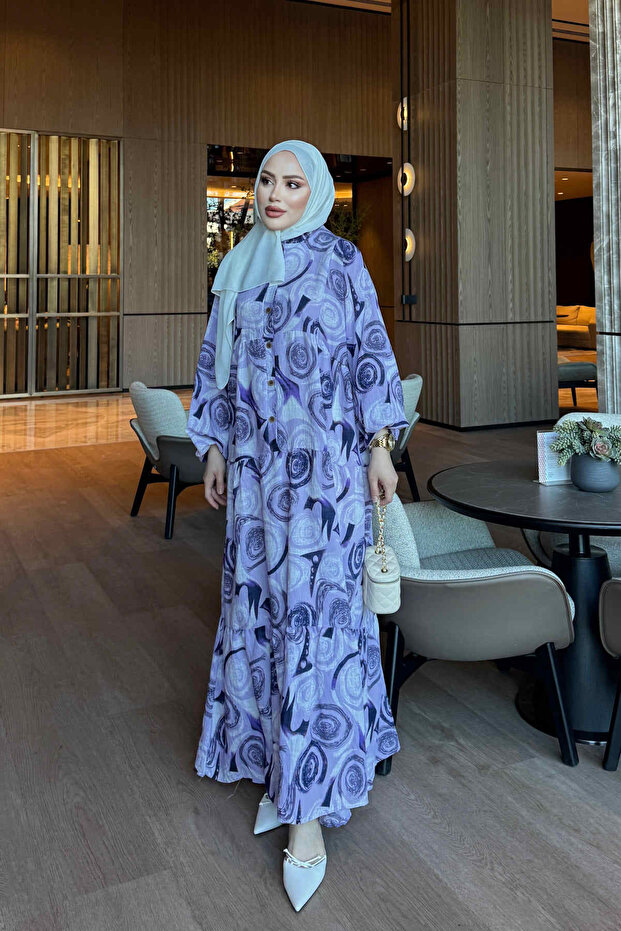 Lilac Half Buttoned Sleeves Elasticized Patterned Viscose Dress