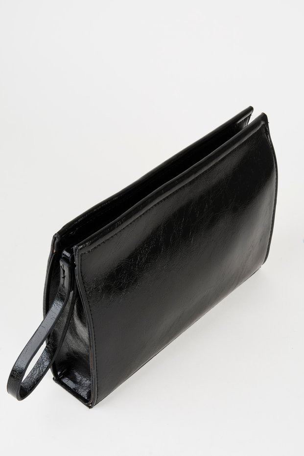 Women's Petunya Black Lined Faux Leather Wrist Strap Portfolio Handbag and Clutch Bag