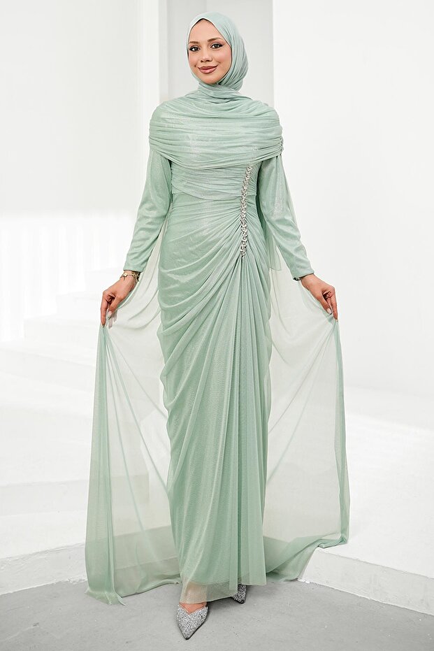 Water Green Capelet Evening Dress with Drawstring Stones on the Front