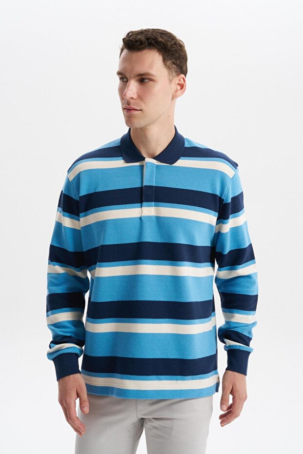 Ar-Ma Men's Polo Collar Sweatshirt, Unprinted, Striped, Buttoned, Without Pockets, Large Size, Ringel Ottoman K30554801