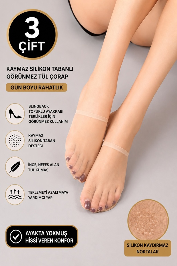 Sheera Series 3 Pieces Invisible Slingback Socks Non-Slip Silicone Based Tulle Open Heel Shoe Socks