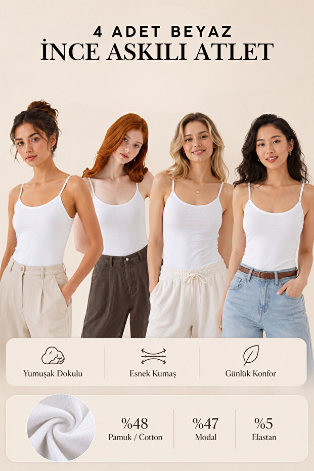 Women's 4-Piece Modal & Cotton Thin Strap Flexible Basic Undershirt - 4-Piece Advantage Pack