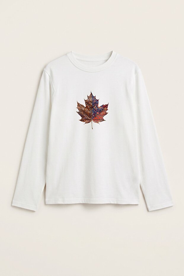 Women's Long Sleeve T-Shirt with Ethnic Leaf Print in White – Stretchy Fabric, Comfortable Fit, Crew Neck
