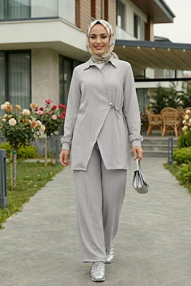 Women's Buttoned Belted Strawberry Fabric Tunic Trousers Gray Double Set