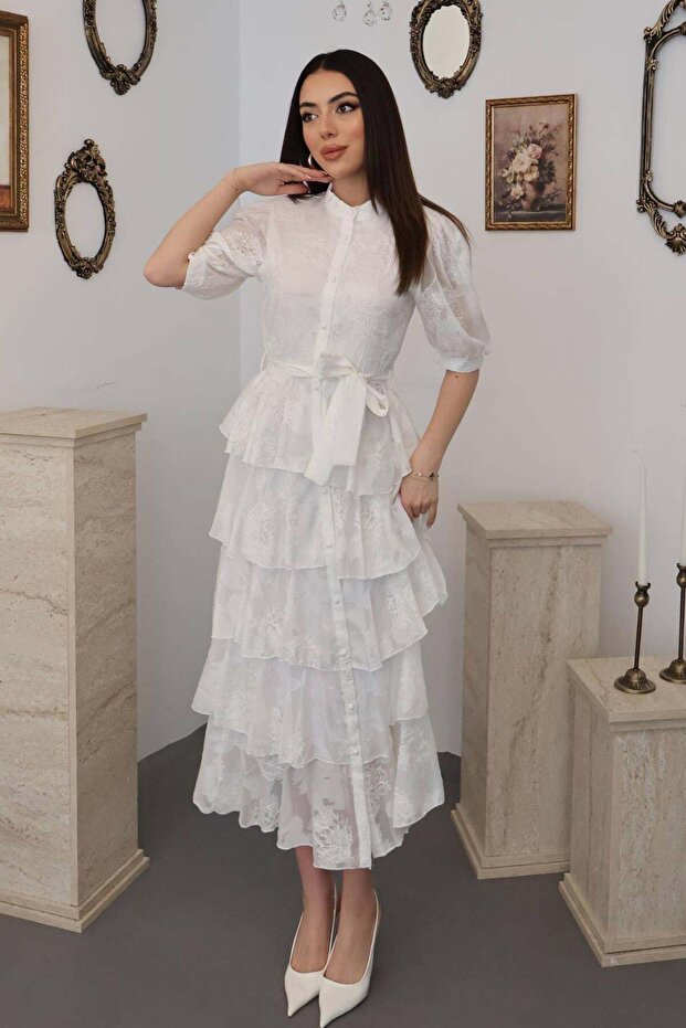 Layered Patterned Belted Buttoned Midi Dress - 2