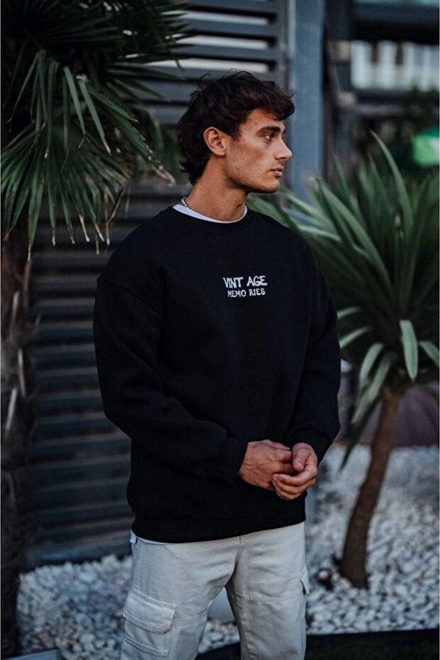 Oversize Crew Neck Three Thread Printed Sweatshirt - 3