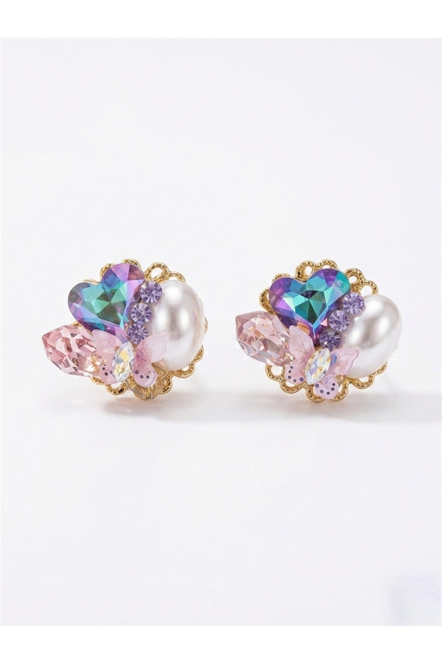 Colorful Heart Stone Butterfly and Pearl Detailed Earrings