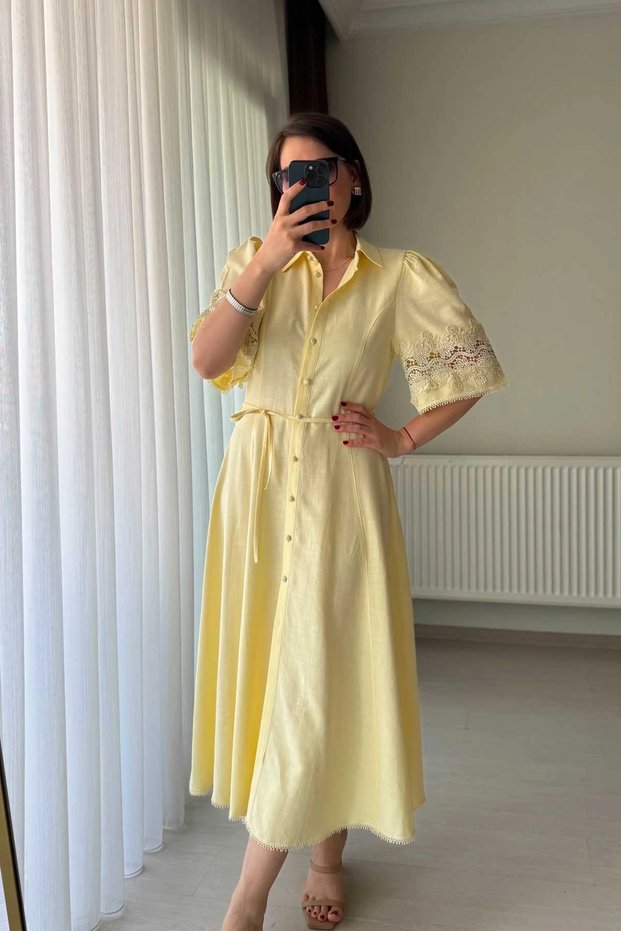 Yellow Linen Dress with Lace Sleeve Detail and Belt