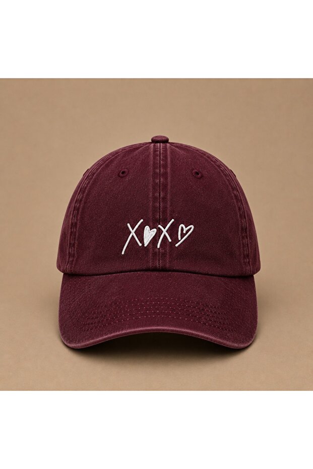 X<3X<3 Xoxo Embroidered Burgundy Vintage Washed Cap Hat