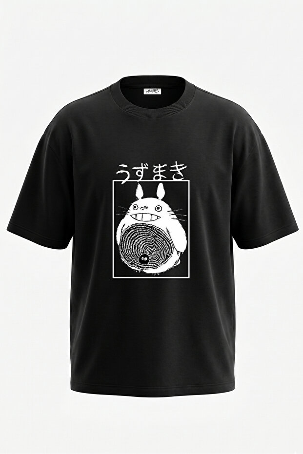 Totoro Uzumaki Design Back Printed Cotton Black Oversize T-Shirt