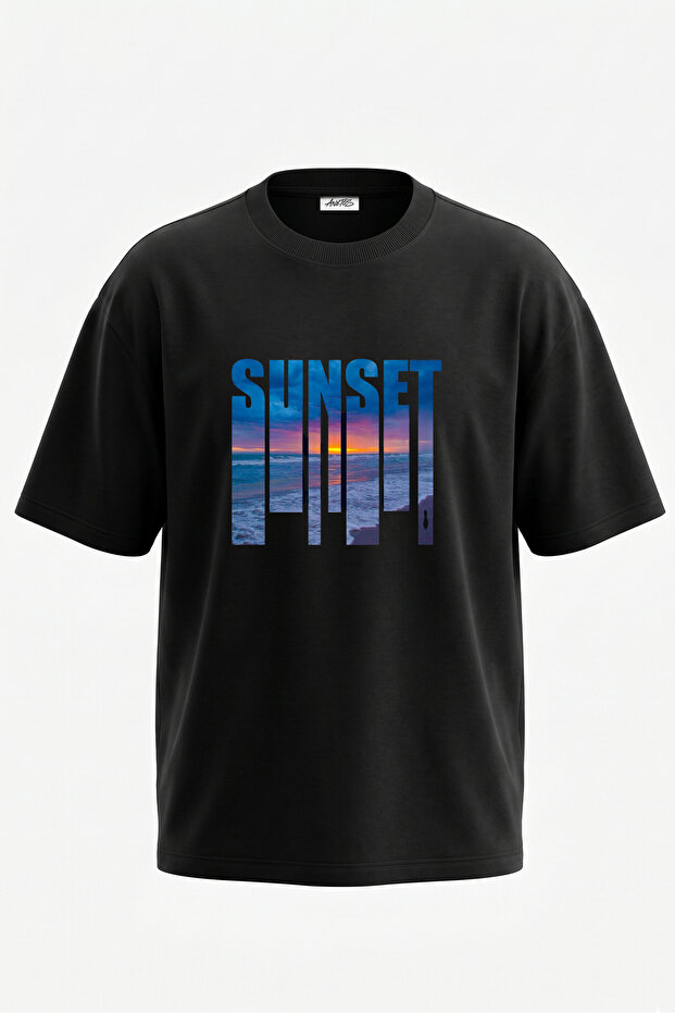 Sunset Beach Design Back Printed Cotton Black Oversize T-Shirt