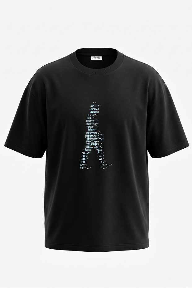 Matrix Code Design Back Printed Cotton Black Oversize T-Shirt