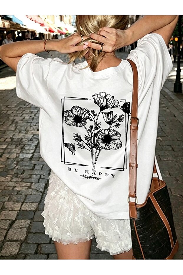 Oversize Be Happy Floral Printed 100% Cotton Crew Neck T-Shirt