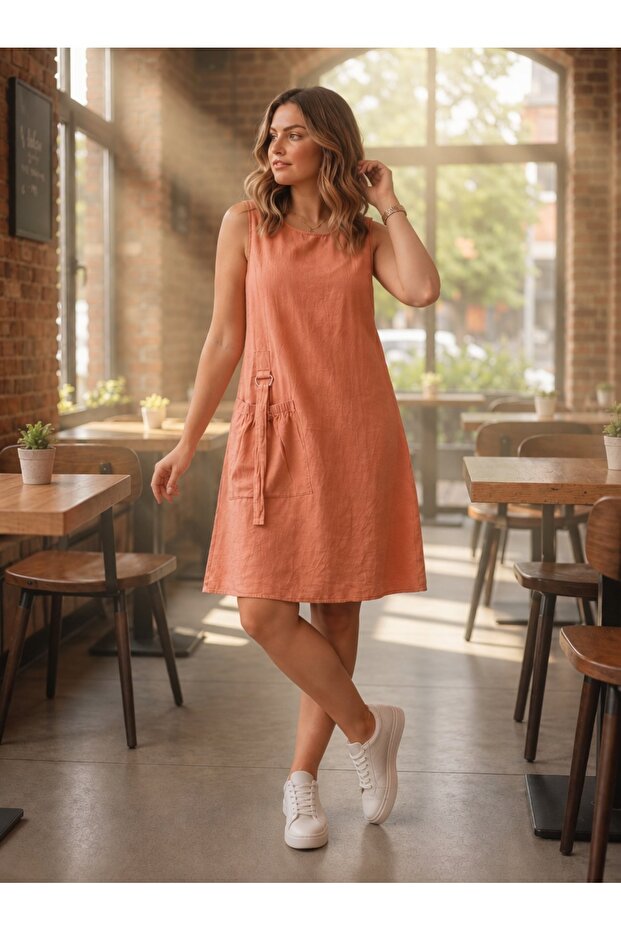 Washed denim linen high quality pocketed accessory elegant dress