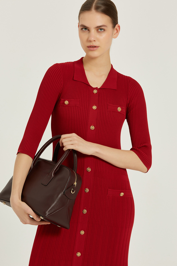 Burgundy Corded Gold Buttoned Long Dress