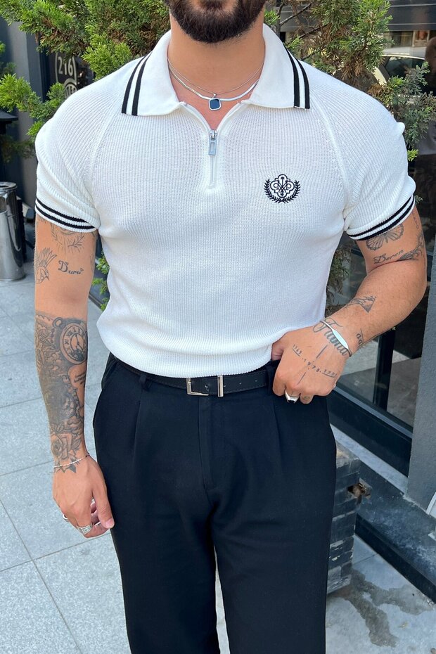 Zippered Polo Embroidered Knitwear Tshirt White