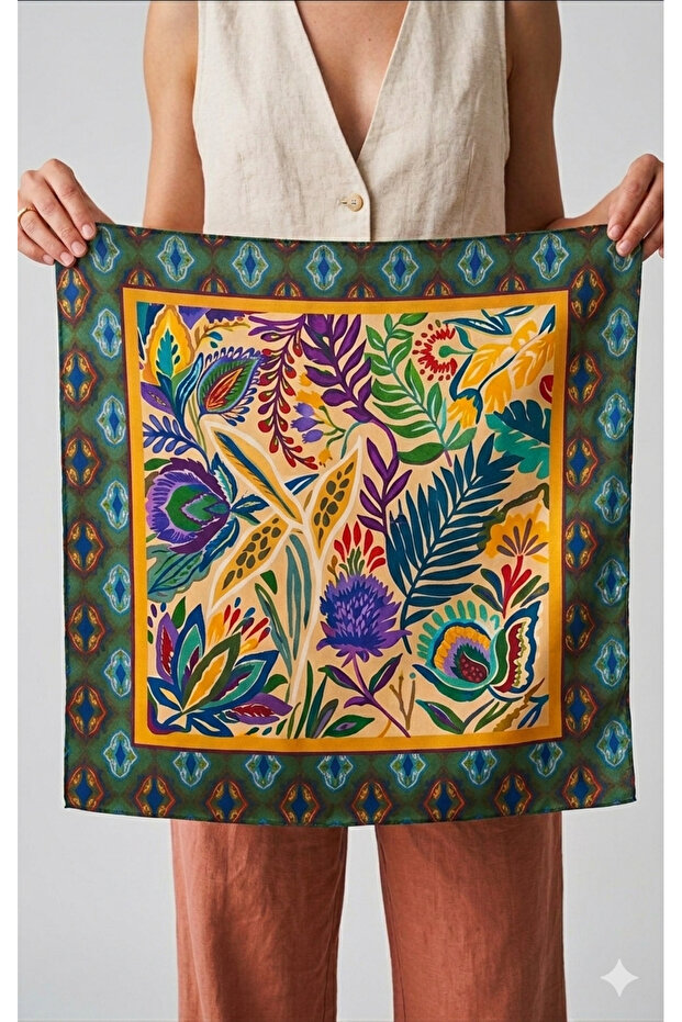 Bohemian Patterned Multicolor Satin Bandana Scarf 50X50 cm