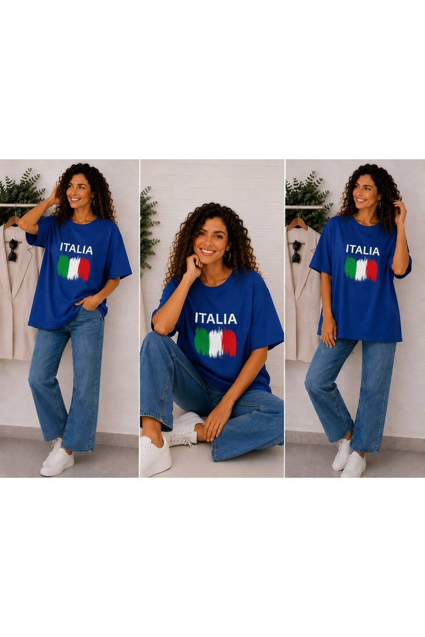 İtalia Flag Colors Themed Printed Oversize T-Shirt Cobalt Blue Unisex Premium Basic T-Shirt