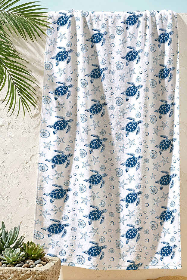 Sea Turtle Themed Marine Beach Towel - Blue and White Nautical Quick-Dry Microfiber Towel