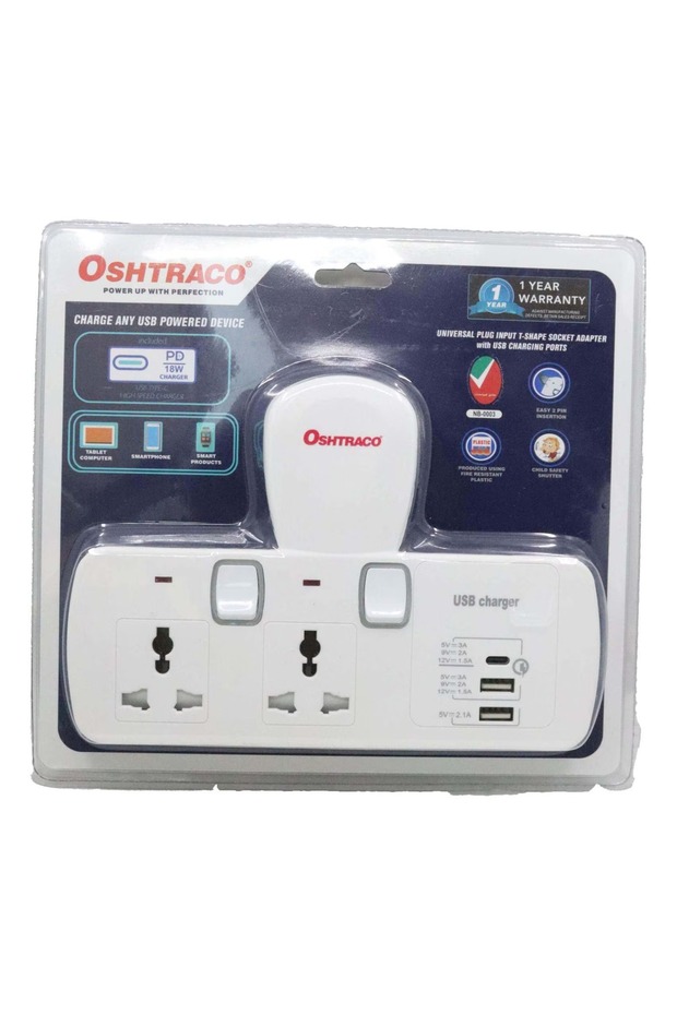 2way universal T-shape socket & PD18W + 2xUSB-A chargers